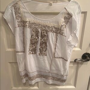 Chic Embroidered Women's Blouse in White and Tan